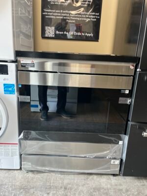 Samsung 76" Bespoke Slide-In Electric Range NSI6DG9900SRAC in open box showing features